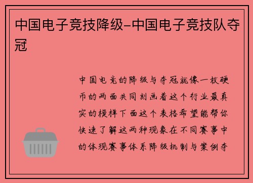 中国电子竞技降级-中国电子竞技队夺冠